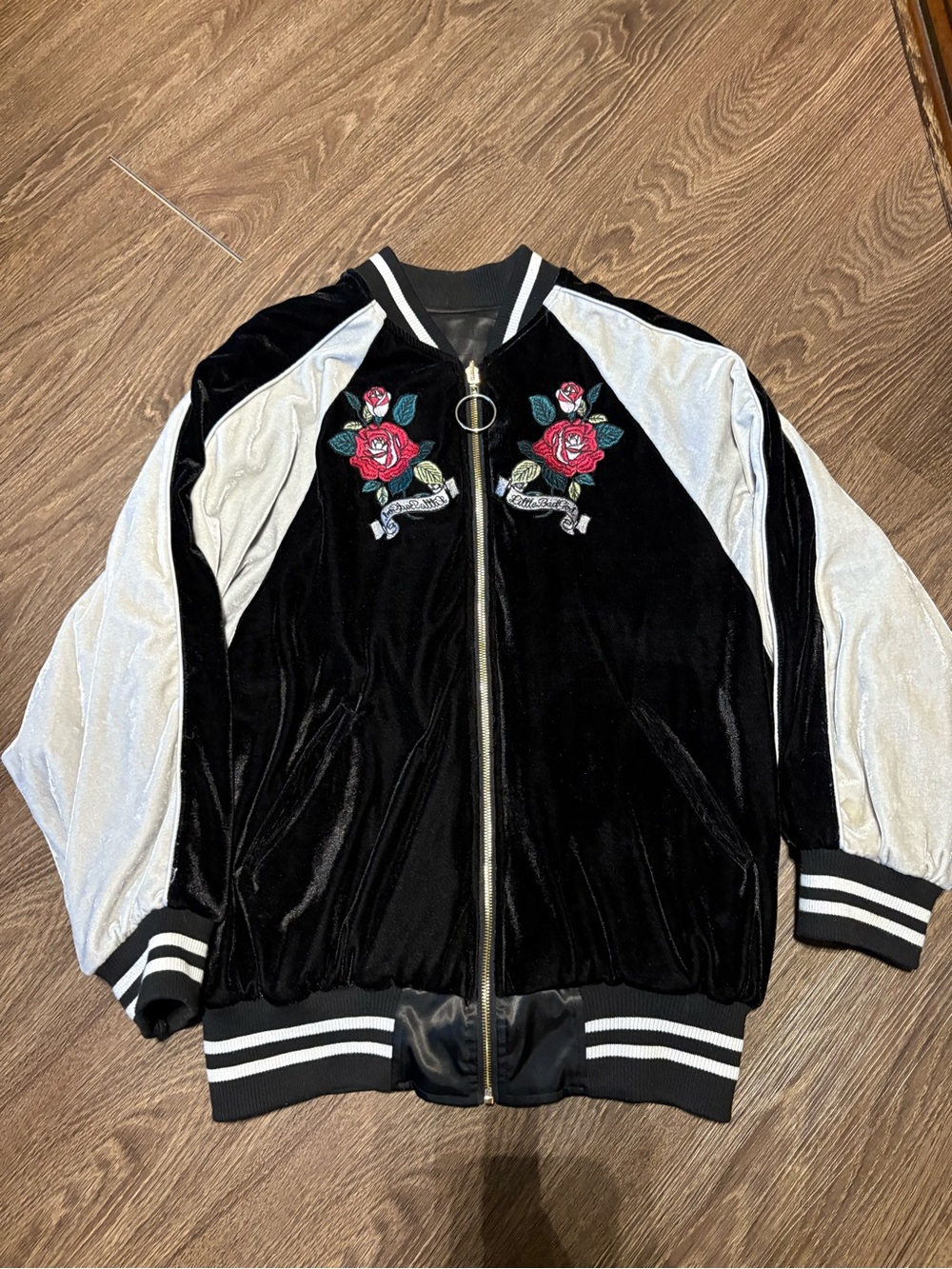 Black Velvet Bomber Jacket with Rose Embroidery